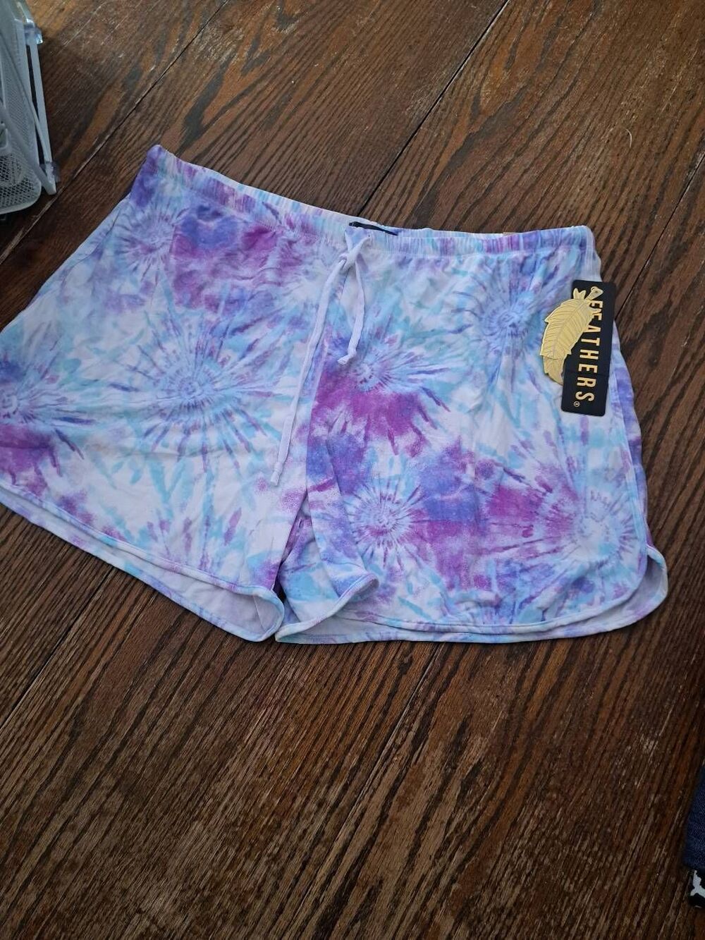 New 1X Feathers Tie Dye Elastic Drawstring Waist Shorts Casual Athleisure